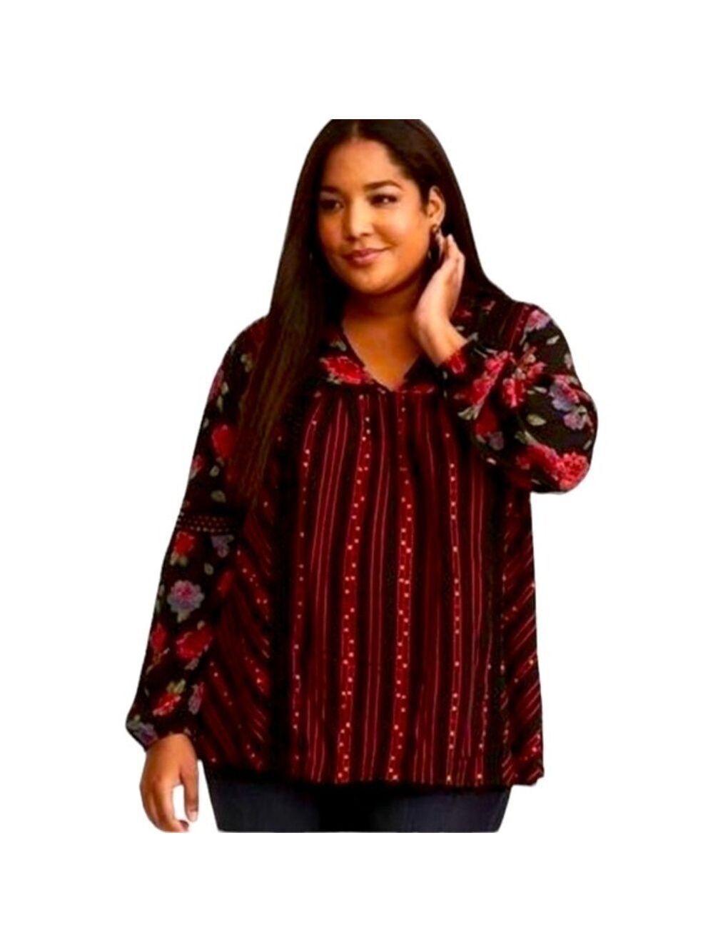 Torrid Floral V Neck Lace Trim Tunic Top Black and Red Size 2